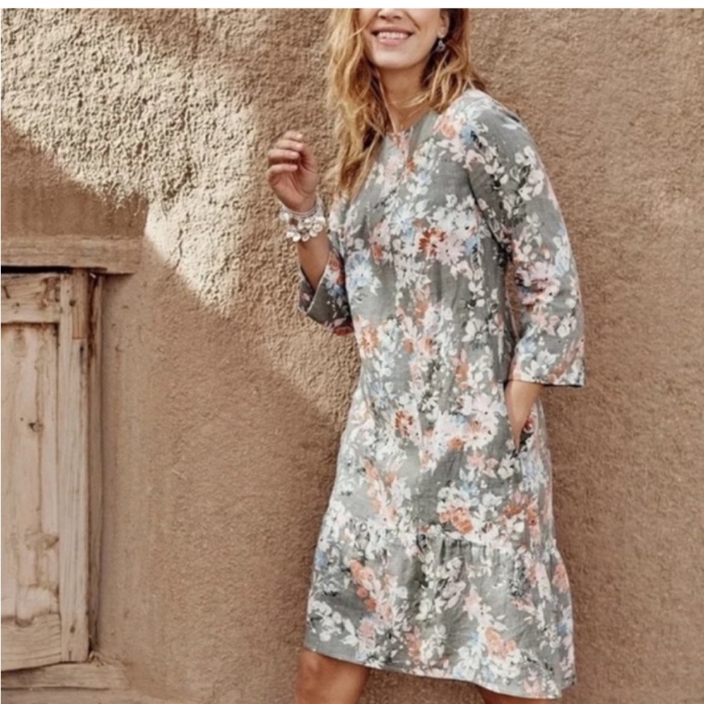 J. Jill Love Linen Caraway Dress Small Floral Coastal Lagenlook Summer Vacation